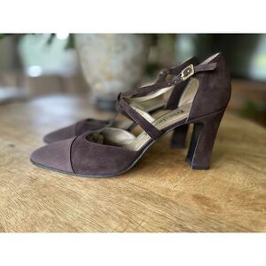 Vintage Friedmans Brown T Strap Heels Size 8N Suede Pointed Toe Pumps